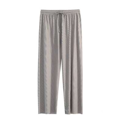 Women Ankle-Length Wide Leg Pants Casual Summer Solid Elastic Waist Loose Ice Silk Pants Spring Summer Female Trousers - Smarsty