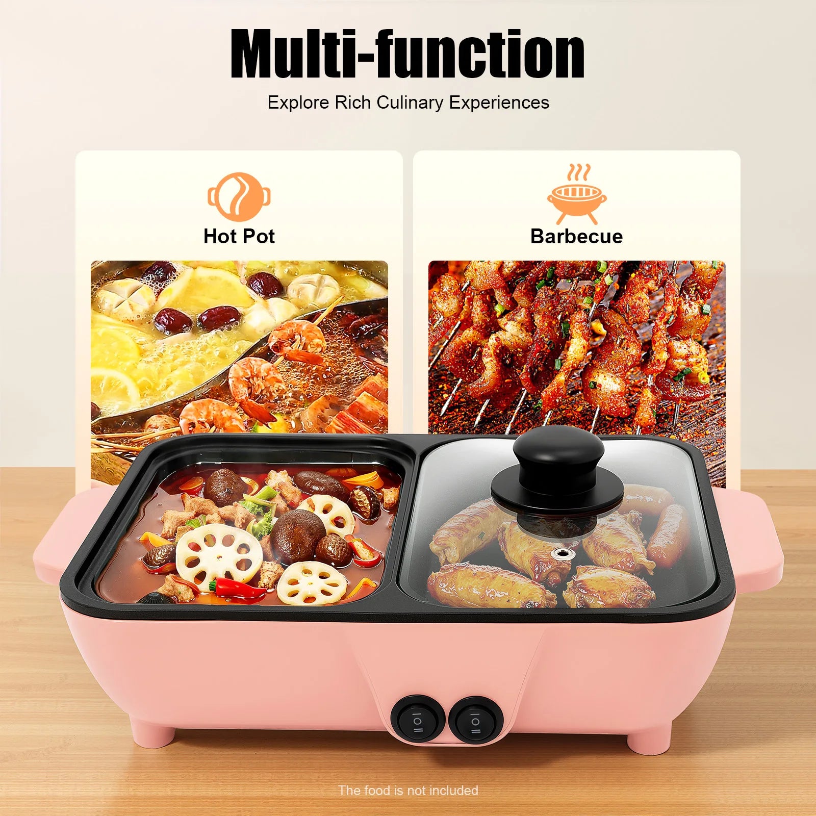 2-in-1 Electric Hot Pot with Griddle Tabletop Non-stick Pan Vegetable Grill Cooker BBQ Shabu Pot Household Noodles Cooking Pot