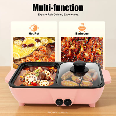 2-in-1 Electric Hot Pot with Griddle Tabletop Non-stick Pan Vegetable Grill Cooker BBQ Shabu Pot Household Noodles Cooking Pot