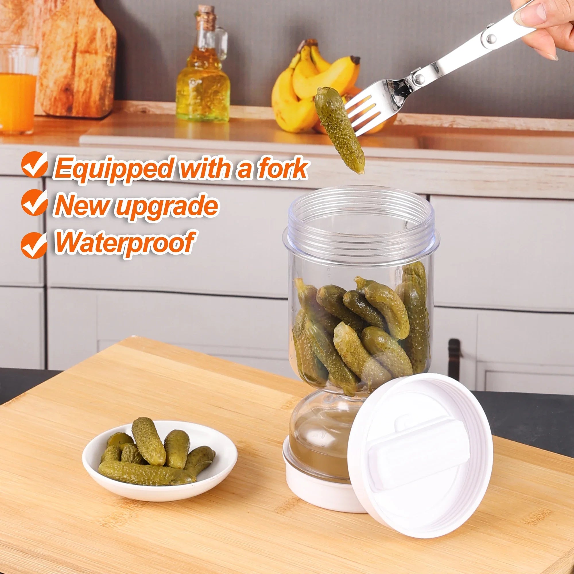 Pickles Jar With Forks Dry and Wet Dispenser Pickle and Olives Hourglass Jar Cucumber Container for Kitchen Juice Separator Tool