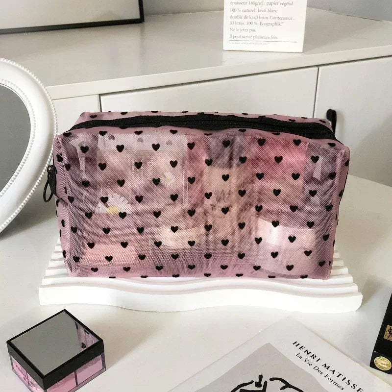 Heart Shaped Nylon Mesh Cosmetic Bag Zipper Organizer - Smarsty