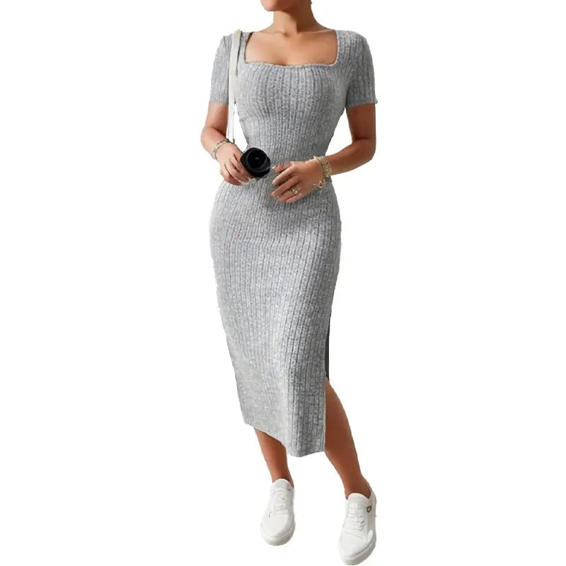 Summer Square Neck, Hip-Hugging Mid-Length Skirt, Short-Sleeved, Versatile Knitted Slit Dress - Smarsty