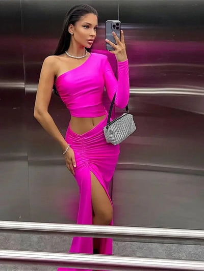 CNYISHE One Shoulder Cut Out Split Ruched Maxi Dress for Women Elegant Party Prom Gown Dresses Woman Sexy Birthday Outfits Robes - Smarsty