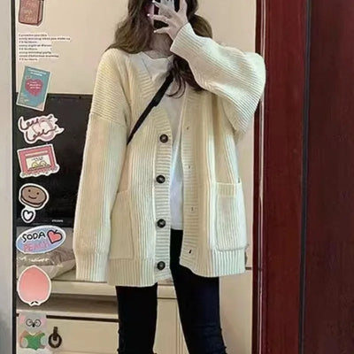 Autumn Winter Women Cardigan Sweater Coats Fashion Female Long Sleeve V-neck Loose Knitted Jackets Casual Sweater Cardigans - Smarsty