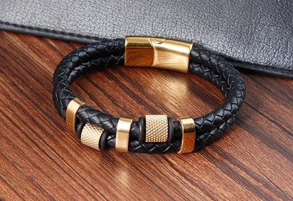 Men's Leather Charm Bracelet Stainless Steel Magnetic Clasp - Smarsty