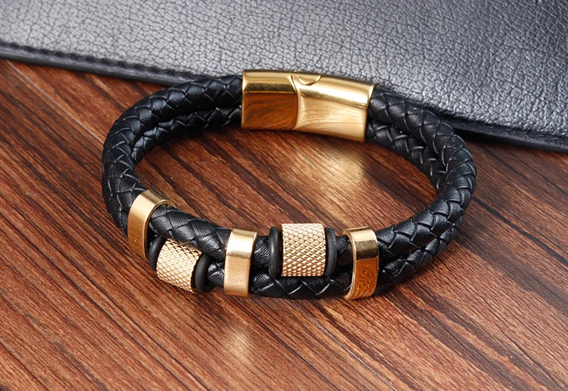 Men's Leather Charm Bracelet Stainless Steel Magnetic Clasp - Smarsty