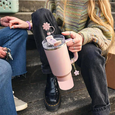 9pcs Accessories Set 3 Spill Proof Stopper Flowers Straw Cover Boot 2 Straw and Brush and 1 Flower Charm Chain for Stanley Cup - Smarsty