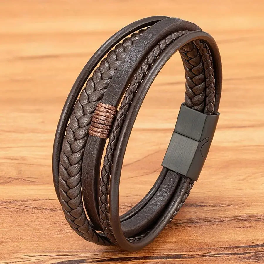 Mens Leather Bracelet Magnetic Buckle Multilayer Bangles - Smarsty
