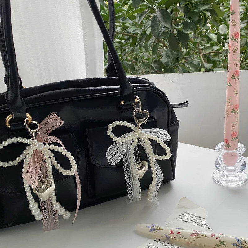 2025 New Sweet Pearl Bow Keychain Heart Lace Pendant Car Keychain Korean Y2K Beauty Girl Bag Pendant Accessory Gift