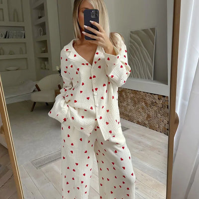 Summer New Love Heart Print Pyjama 100% Cotton Long Sleeve Set 2Pcs Outfit Lapel Sleepwear Button Down Women's Pajamas Nightwear - Smarsty