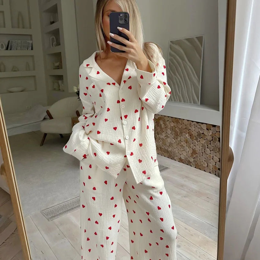 Summer New Love Heart Print Pyjama 100% Cotton Long Sleeve Set 2Pcs Outfit Lapel Sleepwear Button Down Women's Pajamas Nightwear - Smarsty