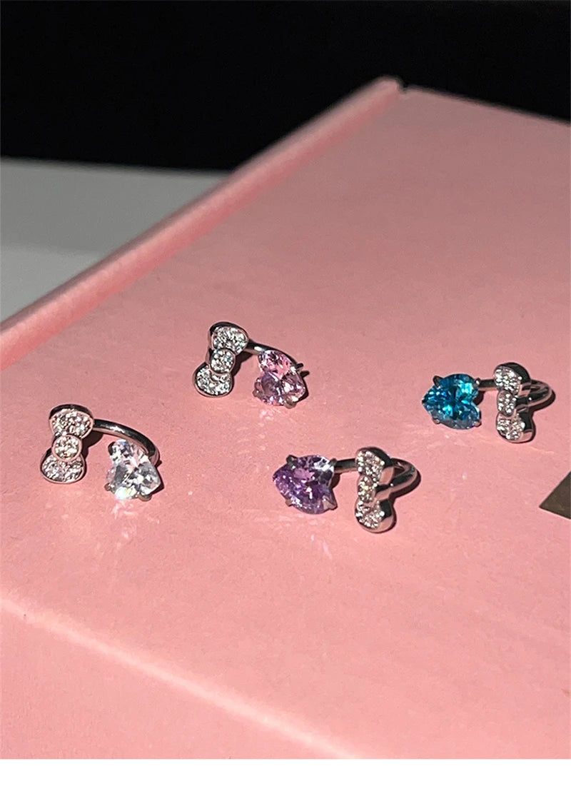 Stainless Steel Heart Bowknot Zircon Stud Earrings Cute - Smarsty