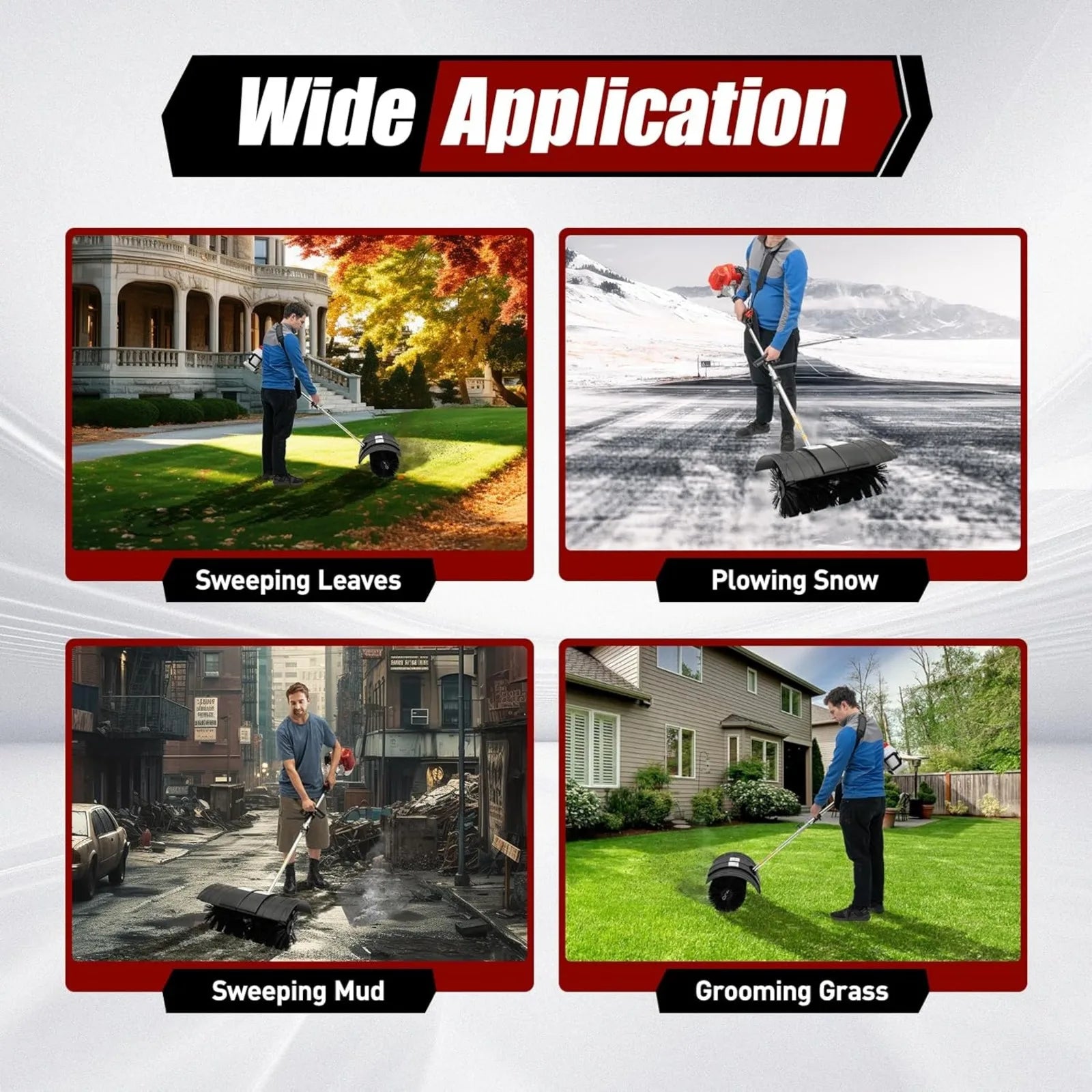 52CC 2 Stroke Gas Handheld Sweeper Broom, 1700W 2.3HP Gas Powered Artificial Lawn Sweeper, Outdoor Hand Held Gas Power Broom