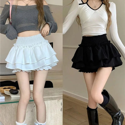Mini Skirt Cute Sexy Balletcore Elastic High Waist Ball Gown Ruffle Patchwork Lolita Skirt Short Korean Sweet Y2K Women Clothing - Smarsty