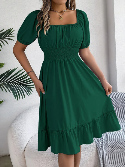 Women's MIidi Dresses 2024 Summer Casual Square Neck Short Sleeved Waist Ruffle Edge Dress Dress Women Elegant Платья Женские - Smarsty