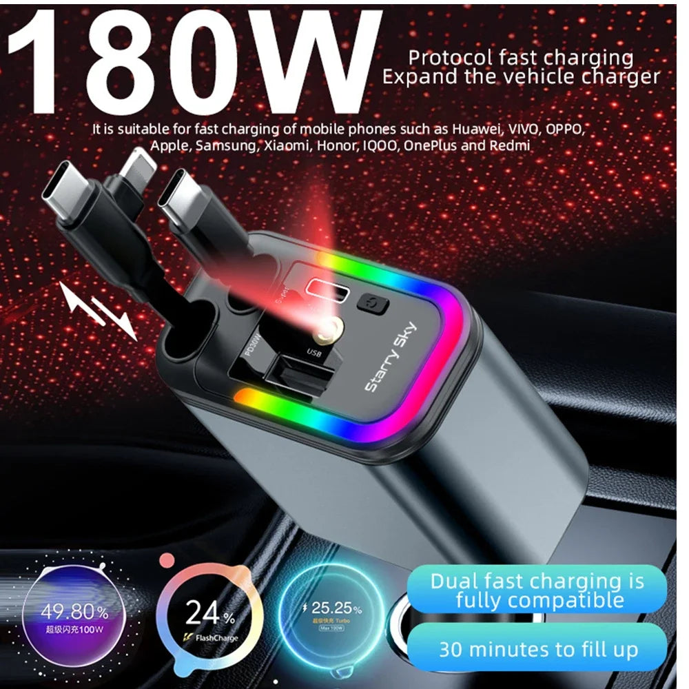 5-in-1 180W Car Fast Charger USB Type-C Power Adapter Retractable Phone Charger With Roof Starlight For IOS Android Phones - Smarsty