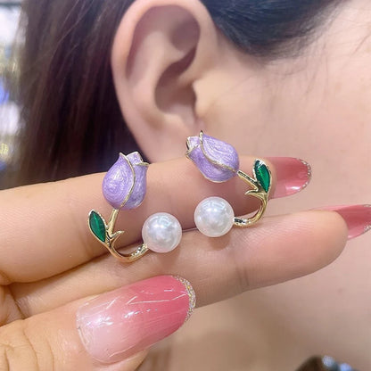 Elegant Rose Stud Earrings With Imitation Pearl Pink Tulip - Smarsty