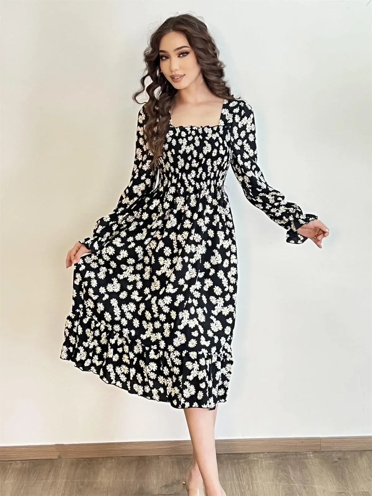 Long Sleeve Casual Dress Women Chiffon Dresses Autumn Spring A-line Printed Floral Elastic Chest Lace Up Midi Dresses Vestidos - Smarsty