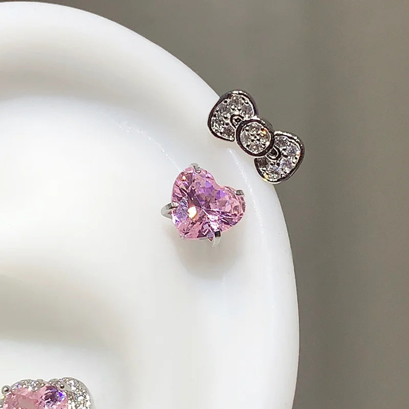 Stainless Steel Heart Bowknot Zircon Stud Earrings Cute - Smarsty