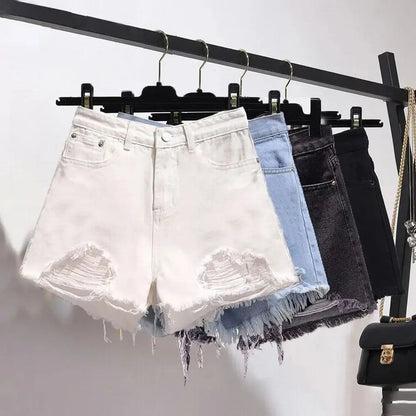 Summer Women's Cowboy Shorts Korean High Waist Casual Denim Shorts Pocket Tassel Perforated Ripped Holes Y2K Girls White Jeans - Smarsty