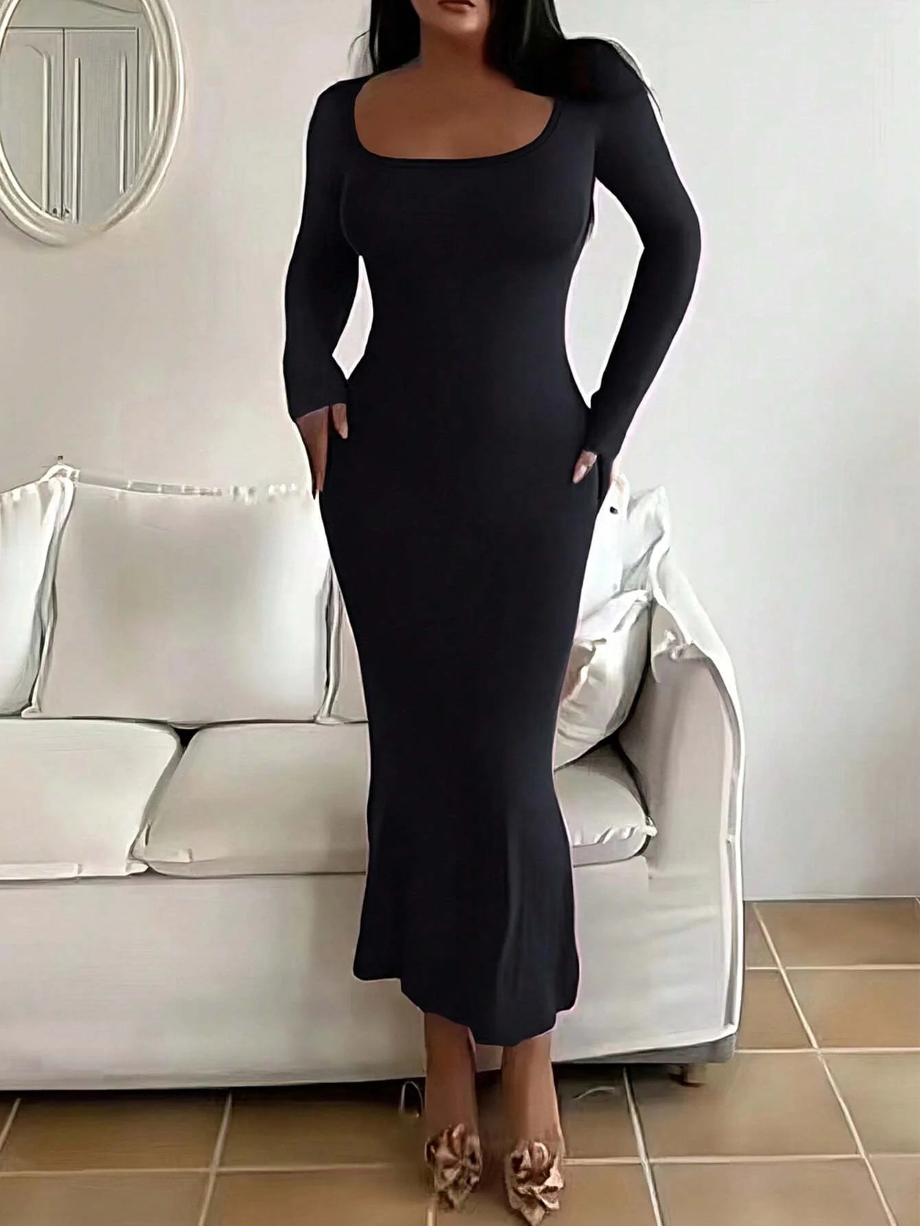 Women's Solid Long Sleeve Bodycon Dress, Chic Basic Minimalist Causual Fashion Scoop Neck Long Dress, Womenswear - Smarsty