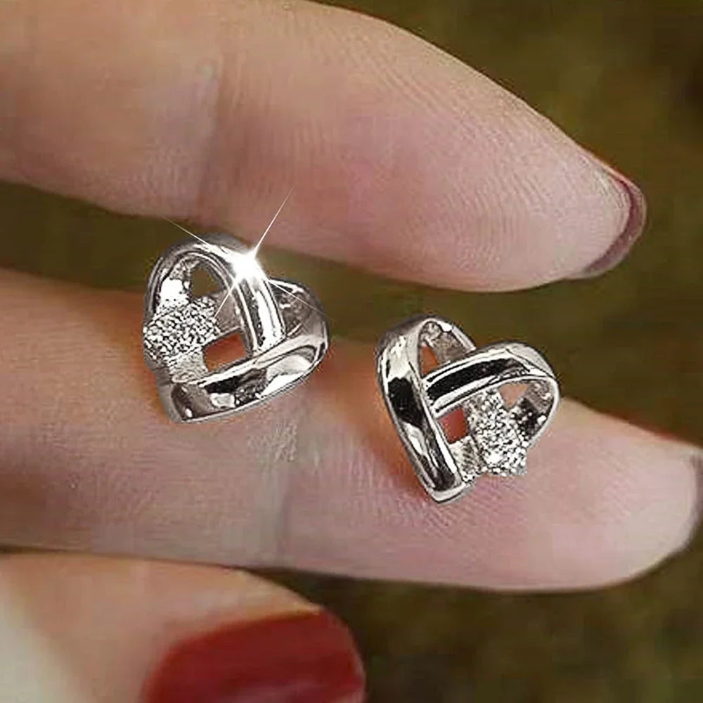 Heart Stud Earrings Cubic Zirconia Sparkling Wedding - Smarsty