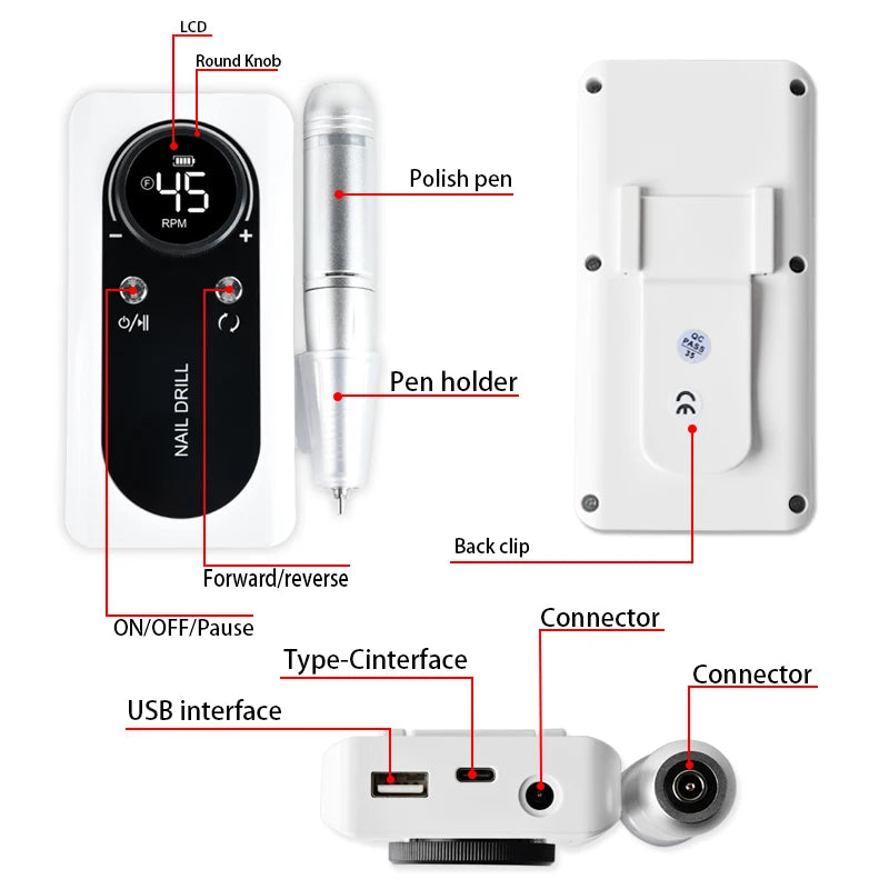 Rechargeable Electric Nail Drill Machine with High Speed - Smarsty