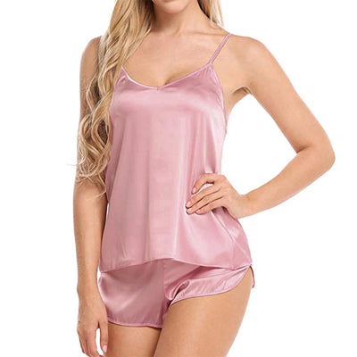 Women Sexy Ice Silky Pajamas Nightclothes Sleepwear Camisole And Shorts Black Gray Comfortable Casual Summer - Smarsty