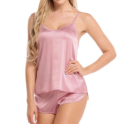 Women Sexy Ice Silky Pajamas Nightclothes Sleepwear Camisole And Shorts Black Gray Comfortable Casual Summer - Smarsty