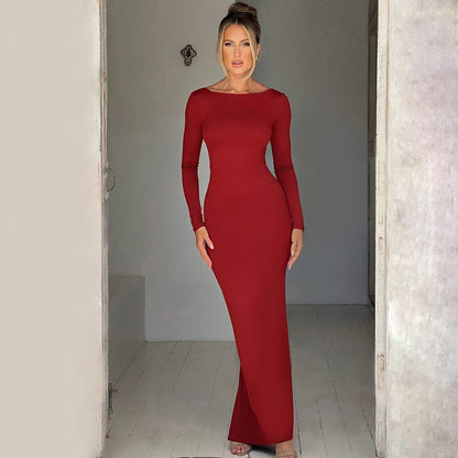 Hugcitar Spring Elegant Long Sleeve Backless Solid Cuched Sexy Bodycon Maxi Prom Dress Women Outfit Evening Party Festival Y2K - Smarsty