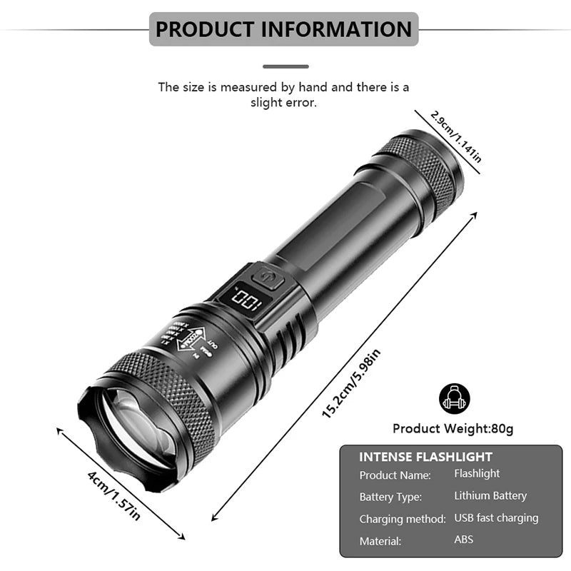 Rechargeable LED Flashlight Zoomable Torch with LCD Display 3 Modes Waterproof High Power Hand Light Outdoor Wilderness Camping - Smarsty