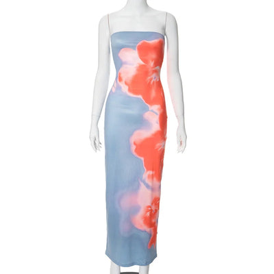 Sexy Strapless Print Tube Maxi Dress Women Off Shoulder Backless Stretch Long Sundress Summer Beach Y2K Clothes - Smarsty