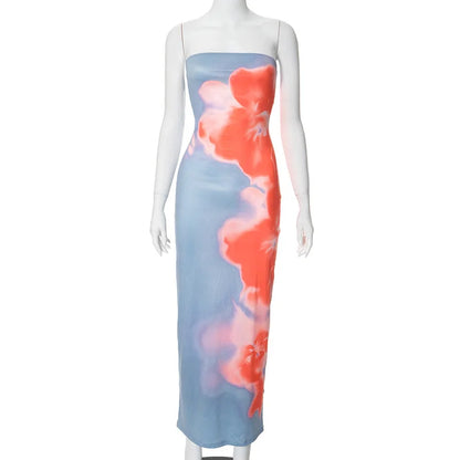Sexy Strapless Print Tube Maxi Dress Women Off Shoulder Backless Stretch Long Sundress Summer Beach Y2K Clothes - Smarsty
