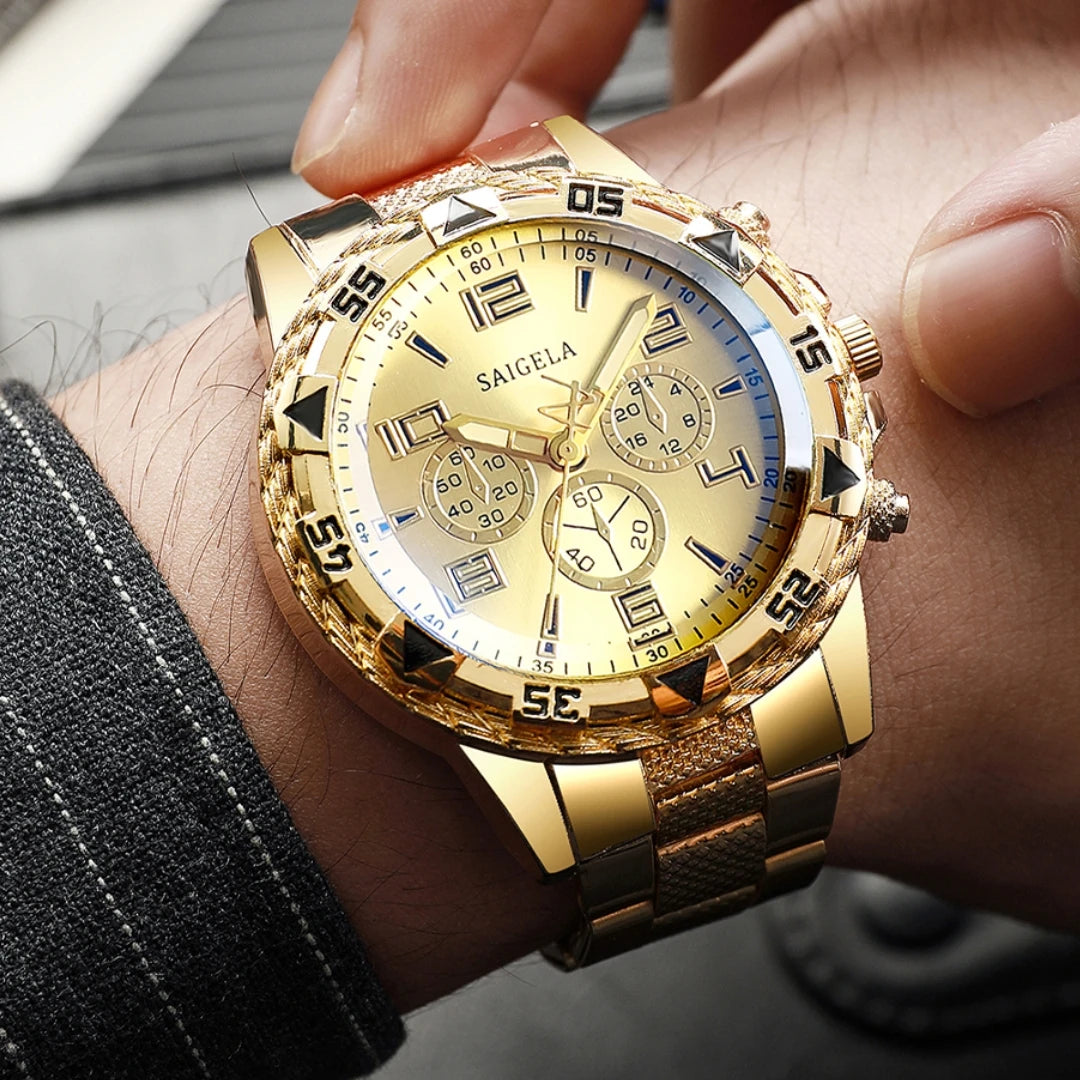 Men's Arabic Dial Quartz Watches Set with Steel Bands - Smarsty