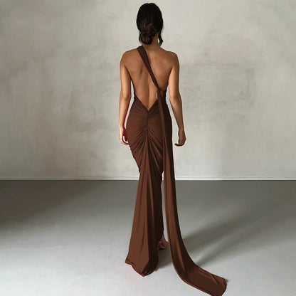 Hugcitar One Shoulder Backless Adjustable Scarf Loop Ruched Sexy Maxi Dress Women Elegant Y2K Streetwear Festival Outfit - Smarsty