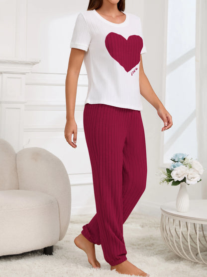 Women's new style pajamas set heart pattern short sleeve shirt trousers two-piece simple and lovely casual home wear - Smarsty