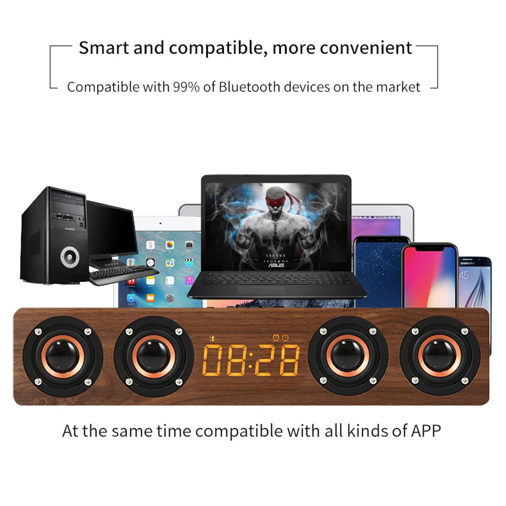 Rechargeable Wooden Alarm Clock with Bluetooth Speaker - Smarsty