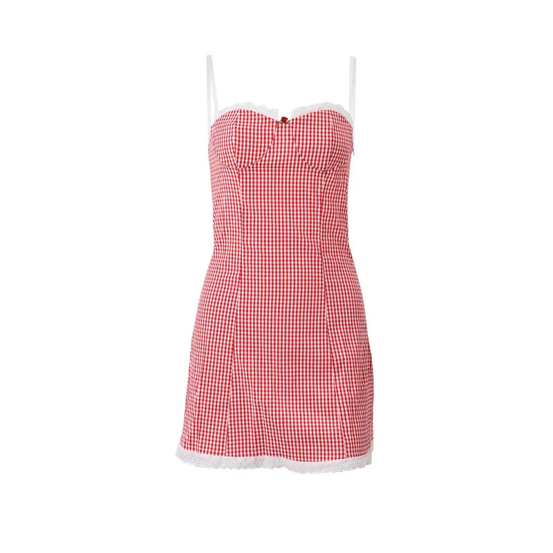 Candyhot Plaid Y2K Lace Vintage Spaghetti Strap Mini Dresses Backless Aesthetic Casual Slim Dress Evening Party Autumn Vestidos - Smarsty