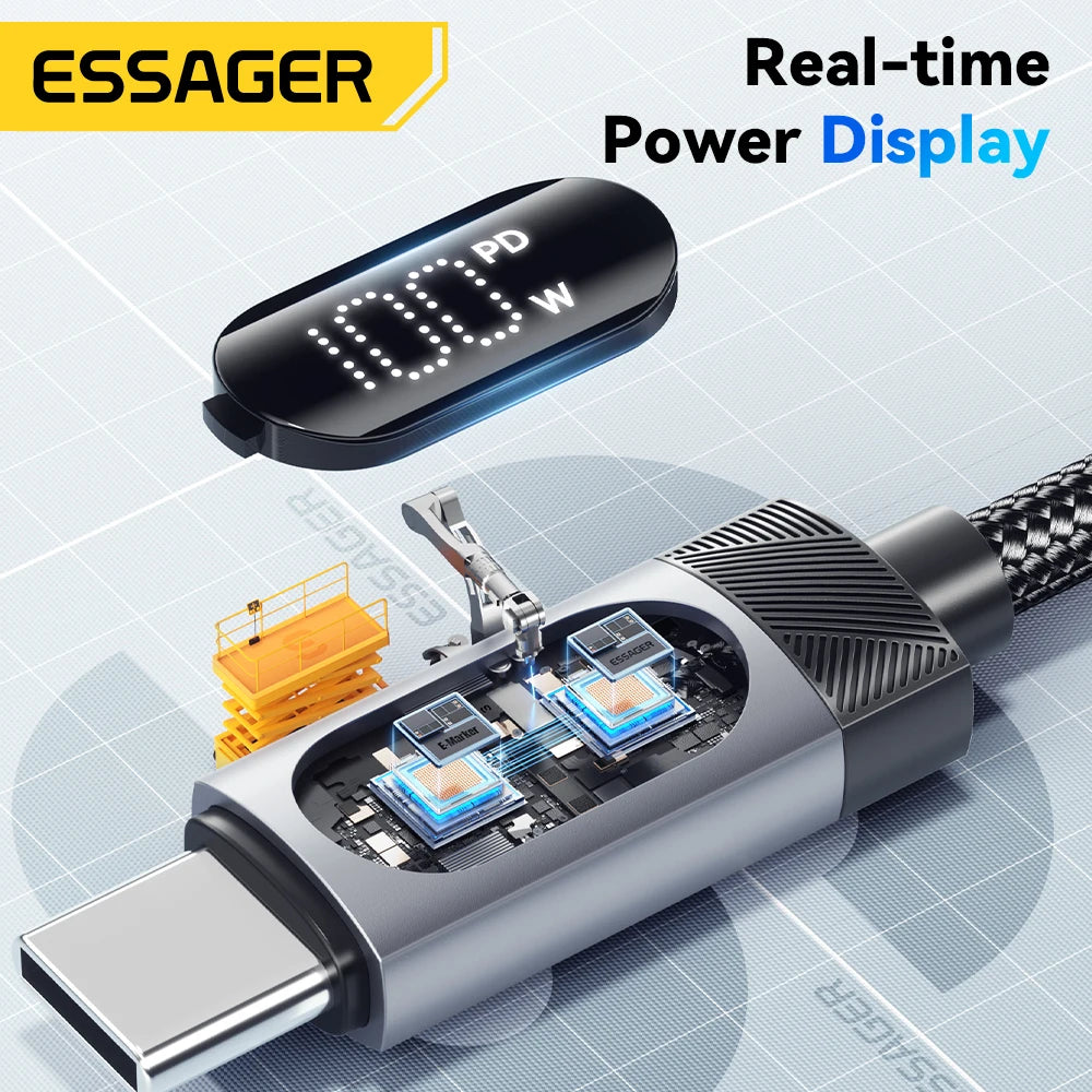 Essager Digital Dispaly USB C Cable For iPhone 17 16 15 Xiaomi Huawei 100W PD Fast Charging For Macbook iPad Type C to C Cable - Smarsty