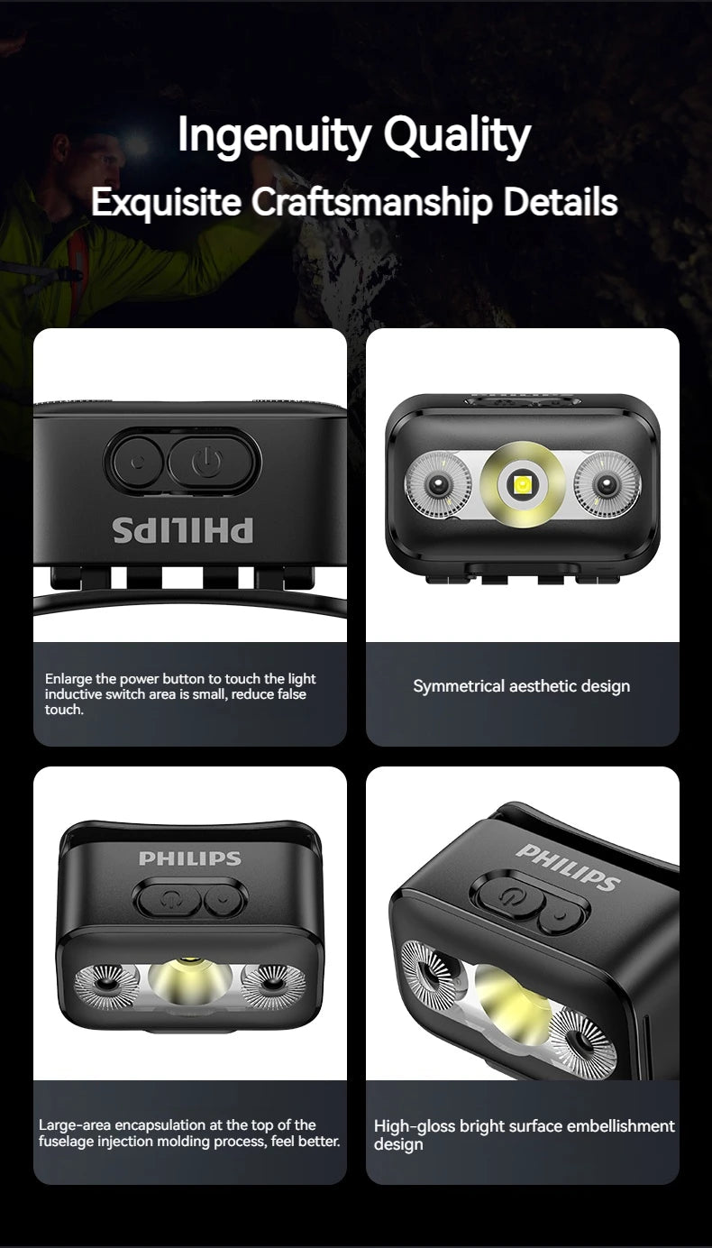 PHILIPS LED Headlamp Sensor Head Flashlight Ten Types of Lighting Type-C Rechargeable Headlight Outdoor Camping Fishing Lantern by Smarsty