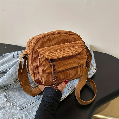 Corduroy Crossbody Bag Zipper Closure Adjustable Strap - Smarsty