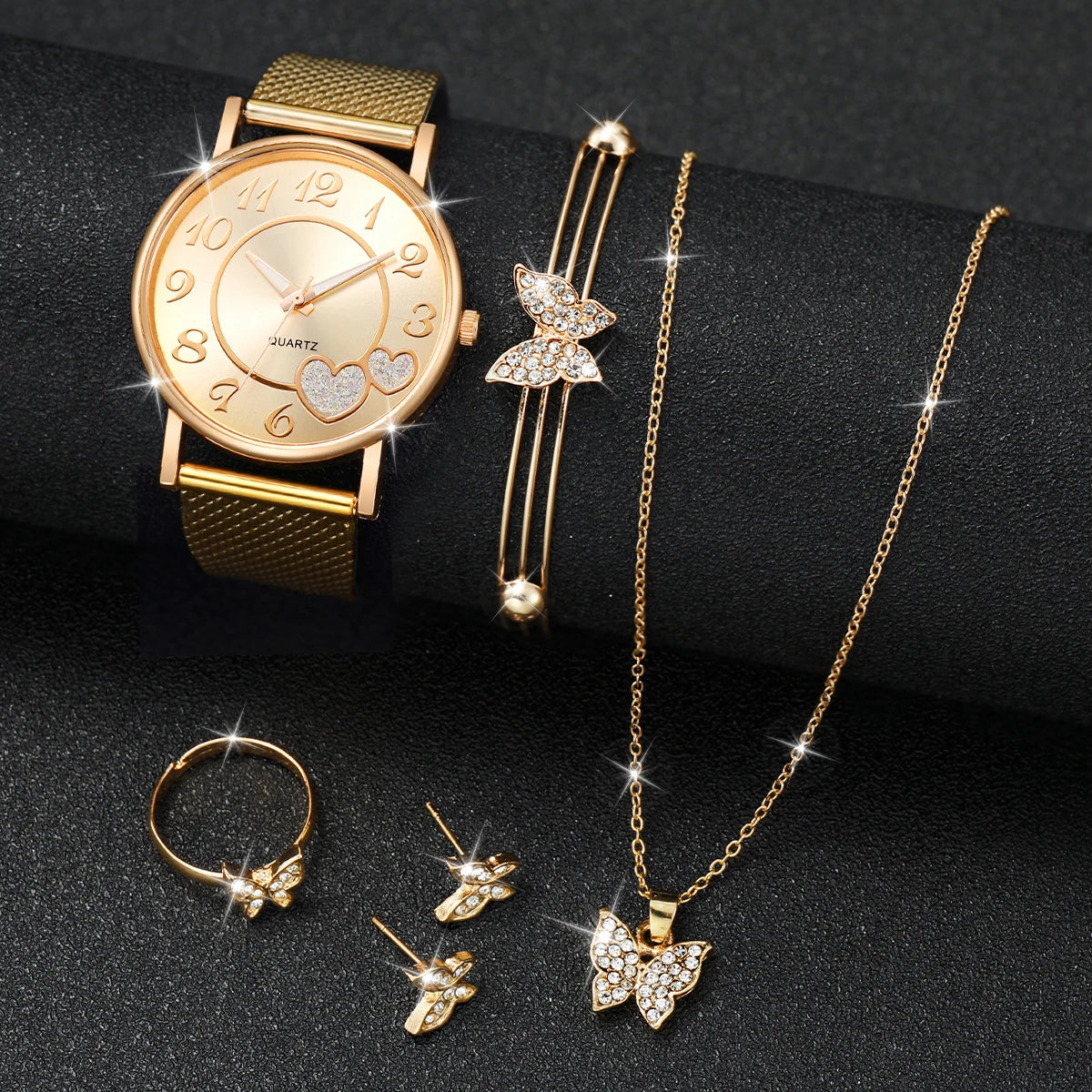 Fashion Heart Women's Quartz Watch Set with Butterfly Design - Smarsty