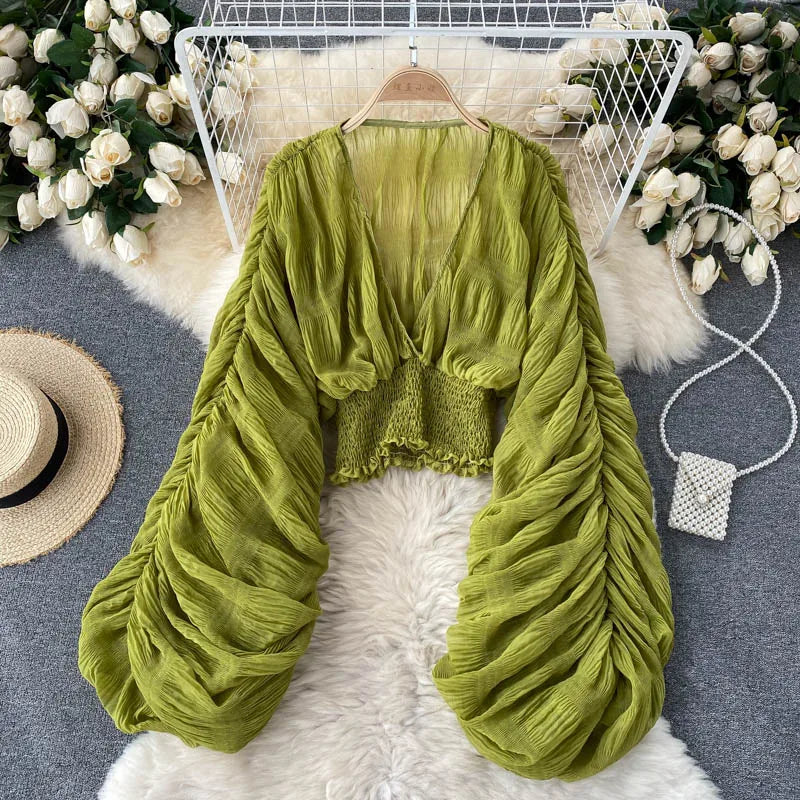 Women Sexy Chiffon Short Blouse Female See Through Super Long Sleeve Blusas Purple/Green/Black/White Folds Party Tops 2022 New - Smarsty