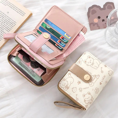 Cute Cat Coin Purse Women Fashion Short Wallet PU Leather Large Capacity Wallet Lightweight ID Card Holder Travel Cash Coin Bag - Smarsty