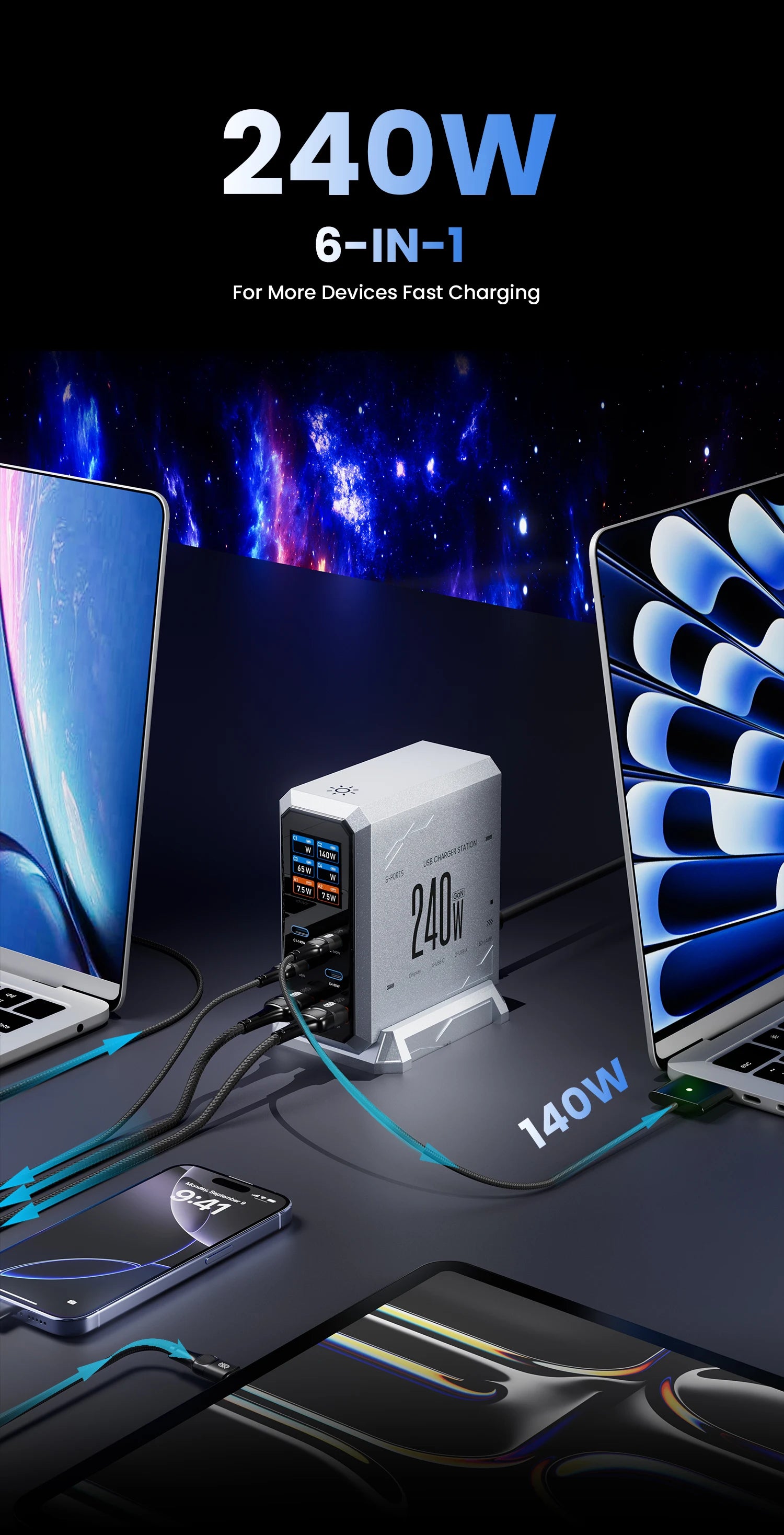 GaN Charger PD 3.1 Six Port Desktop Fast Charging Station - Smarsty