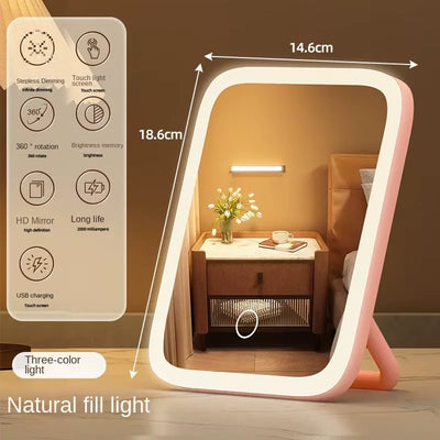 LED Vanity Mirror with 3-Color Light - 360° Rotatable, Touch Control & USB Powered, Travel & Bathroom Makeup Mirror