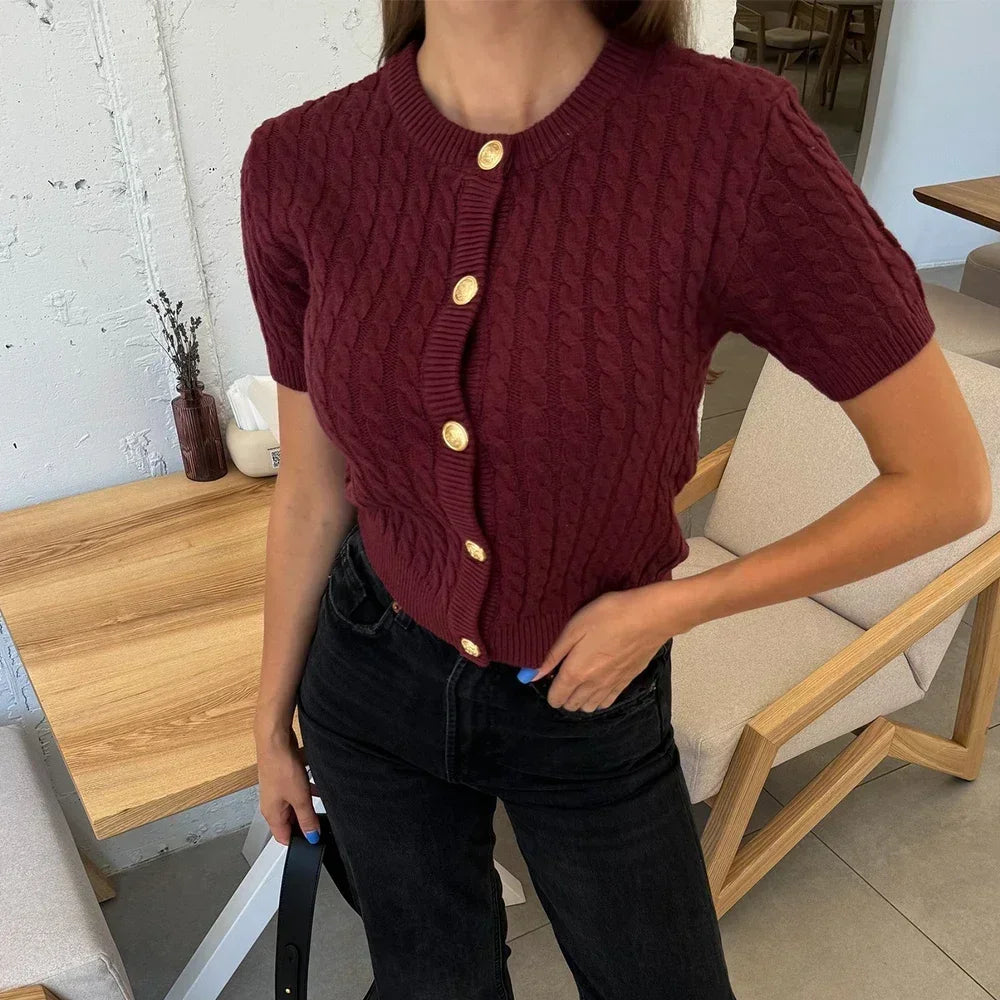 Trendix Women Winter Knit Cardigan Winter Street Fashion Patchwork Ribbed Short Sleeve Sweater Autumn Commute Knitwear Crop Top - Smarsty