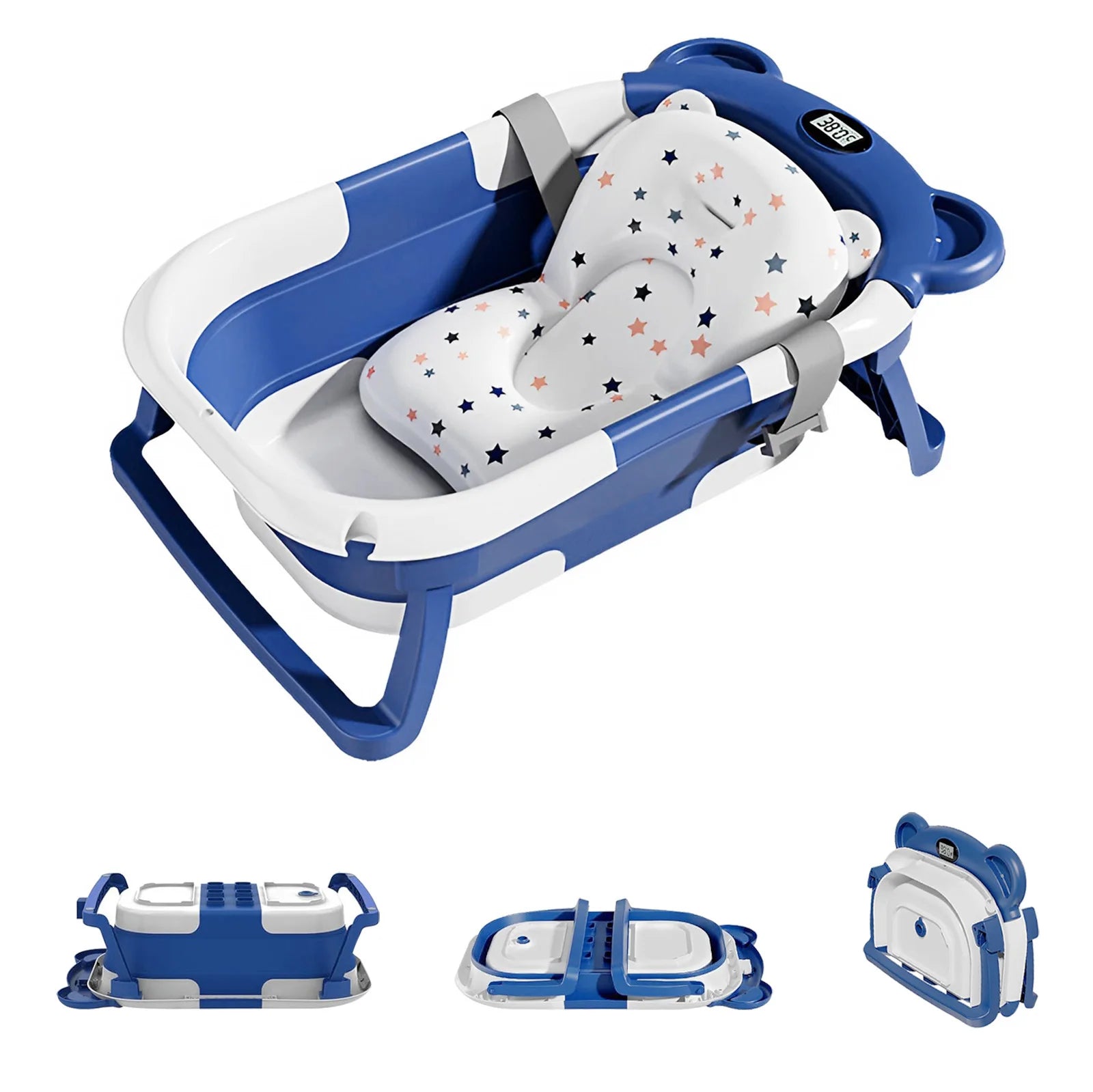 Portable Travel Bathtub, Collapsible Baby Bathtub, with Thermometer &1Soft Floating Cushion, with Drain Hole,For Baby 0-36 Month