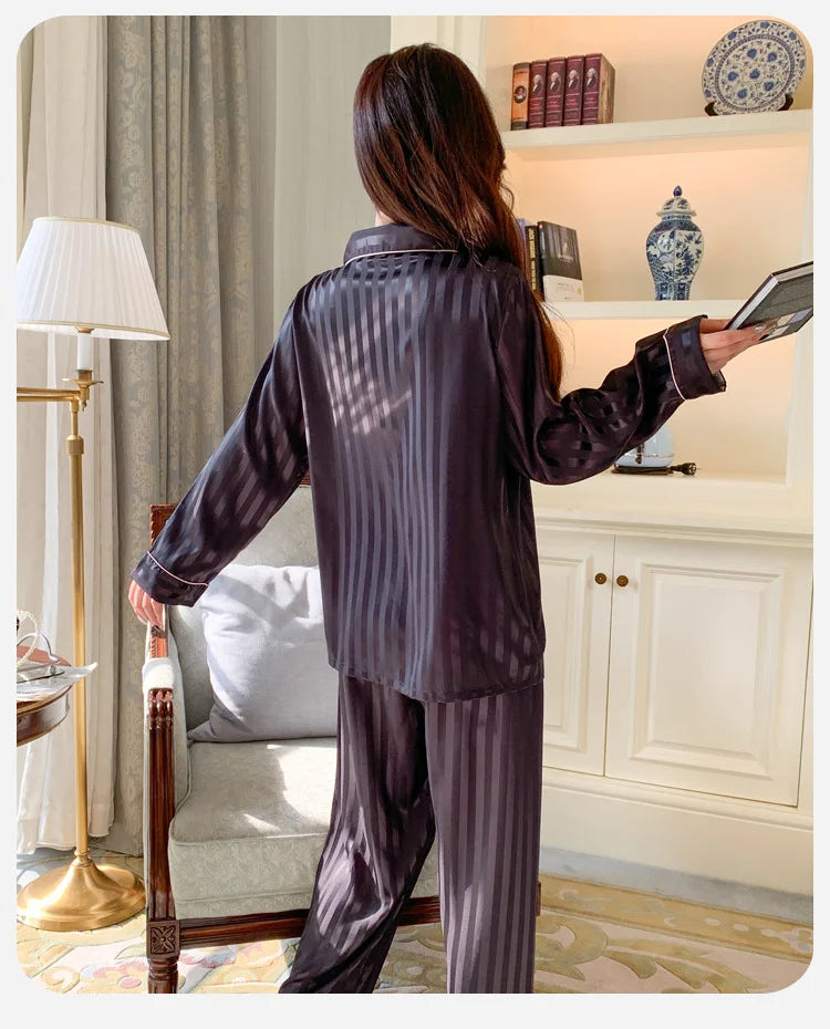 Women's Ice Silk Pajama Set Long Sleeve Long Pants Lightweight Sleepwear for Spring And Autumn Comfortable Homewear Pj Set - Smarsty