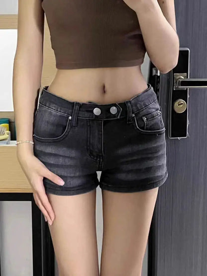 Women's Grey Denim Shorts Low Waist Mini Jeans Shorts 2000s Vintage 90s Y2k Emo Cowboy Short Pants Harajuku Clothes Summer 2024 - Smarsty